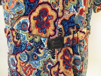 BILL PARRY, Aqua Blue, Red, Yellow, Navy Blue, Cotton, Novelty Pattern, Paisley Floral Print, Corduroy, Short Sleeves, Hidden Zip Front Only to Hem, Pointy Collar Attached, 5 + Pockets, Attached Self 1/2 Belt with Metal Buckle