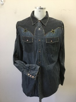 FOX DA LUXE, Indigo Blue, Charcoal Gray, Brown, Gold, Cotton, Heathered, Solid, Dark Indigo Blue Denim Shirt with Charcoal Grey Corduroy Yoke and Patch Pockets. Brown Top Stitching & Black Stars Applique with Gold Thread Trim. Long Sleeves, Collar Attached, Copper Snap Front Clos.raw Edge Detail at Side Panels