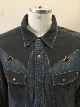 FOX DA LUXE, Indigo Blue, Charcoal Gray, Brown, Gold, Cotton, Heathered, Solid, Dark Indigo Blue Denim Shirt with Charcoal Grey Corduroy Yoke and Patch Pockets. Brown Top Stitching & Black Stars Applique with Gold Thread Trim. Long Sleeves, Collar Attached, Copper Snap Front Clos.raw Edge Detail at Side Panels
