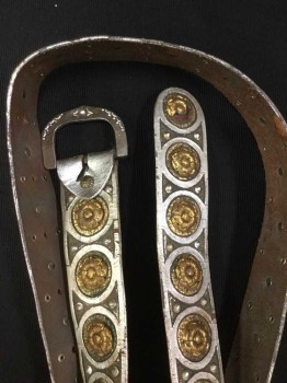 Unisex, Historical Fiction Belt, N/L, Silver, Brass Metallic, Green, Leather, Metallic/Metal, Geometric, Floral, Silver Belt W/silver Studs & Circle W/brass Flower in the Middle, and Silver Trim, Tarnish Buckle, See Photo Attached,
