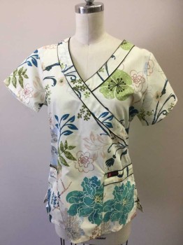 ACTUAL, Cream, Teal Blue, Turquoise Blue, Lime Green, Poly/Cotton, Floral, V Neck with Black Piping, Short Sleeve,