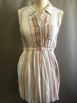 Womens, Dress, Sleeveless, OLIVE + OAK, White, Terracotta Brown, Gray, Peach Orange, Mustard Yellow, Rayon, Stripes - Vertical , L, Whie with Terracotta, Peach, Gray, Mustard Stripes, Sleeveless, Shirtwaist, Elastic Waist, Self Ties at Side Waist, 1 Pocket at Chest, Hem Above Knee