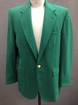 ACADEMY AWARD CLOTHE, Green, Cotton, Solid, Single Breasted, Notched Lapel, 2 Gold Buttons, Dark Green Lining