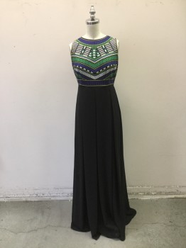 TAHARI, Black, White, Green, Yellow, Cotton, Synthetic, Geometric, Solid, African Influenced Embroidered Sleeveless Top, Crew Neck in Yarns of White, Blue, Green & Yellow.black Silk Skirt with Black Chiffon Overlay. Cotton Jersey Knit Back with Snap Closures. Peep Hole at Back Waist. Zipper at Skirt Center Back,