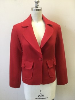 A. PRIME, Red, Wool, Silk, Solid, Jacket, Rounded Notched Lapel, 1 Button Single Breasted, 2 Button Down Pocket Flaps. Belted Waist at Back