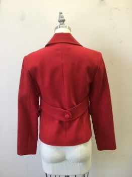 A. PRIME, Red, Wool, Silk, Solid, Jacket, Rounded Notched Lapel, 1 Button Single Breasted, 2 Button Down Pocket Flaps. Belted Waist at Back