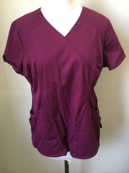 CHEROKEE LUXE SPORT, Red Burgundy, Polyester, Cotton, Short Sleeves, Faux Surplice Neckline, Sports Jersey Sides and Shoulder Yoke, Hip Pockets