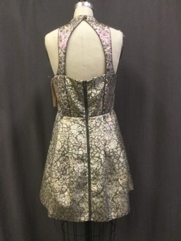 COOPERATIVE, Metallic, Gold, Silver, Purple, Polyester, Metallic/Metal, Floral, Metallic, Gold, Silver, Purple Floral Print, Mock Neck, Sleeveless, Gray Piping, 2 Pockets, Open Back, Zip Back