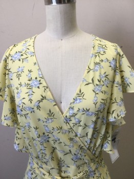 Womens, Dress, Short Sleeve, I STATE, Yellow, Baby Blue, White, Olive Green, Polyester, Floral, 4, Crepe, Cross Over Bust, Butterfly Sleeves, Long, Matching Belt