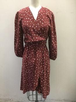 Womens, Dress, Long & 3/4 Sleeve, AMOUR VERT, Wine Red, Cream, Silk, Leaves/Vines , XS, Dusty Wine with Cream Small Leaves Pattern, 3/4 Sleeves with Elastic Cuffs, Wrap Dress, Elastic Waist, Hem Above Knee