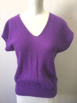 N/L, Purple, Acrylic, Solid, Diamonds, Pullover, Self Pattern Knit, Dolman Short Sleeves, Rounded V-neck, Rib Knit Waistband