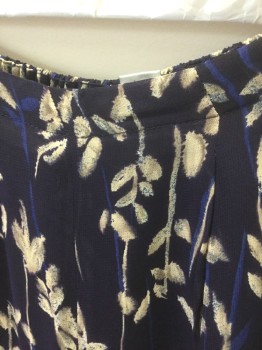 Womens, Pants, AMANDA SMITH, Midnight Blue, Taupe, Blue, Rayon, Leaves/Vines , 10, Midnight with Taupe Vines/Leaves, Blue Streaks Pattern Chiffon, Elastic Waist in Back, High Waisted, Wide Leg,