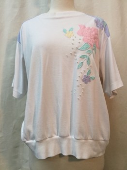 Womens, Sweater, ALFRED DUNNER, White, Lavender Purple, Lt Pink, Green, Multi-color, Cotton, Polyester, Floral, Color Blocking, B: 38, L, Jersey Knit, CN, Contrasting Yoke, Floral Appliques on Left Side Front Wiith Seed Pearl Embellishments, S/S,