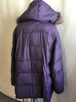 BRAETON, Purple, Polyester, Solid, Puffy Horizontal Quilt, Ribbed Knit Collar Attached, Long Sleeves Cuffs, Detachable Hood with Button (missing 1 Button) and  Lt Brown Faux Fur Trim, Metal Snap & Zip Front, 2 Pockets with Zipper Metal Snap,