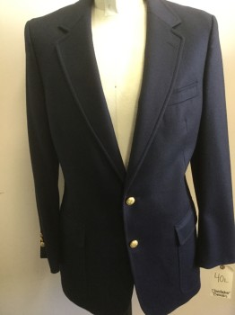 CHRISTOPHER BROOKS, Navy Blue, Wool, Solid, 2 Buttons,  Notched Lapel, 3 Pockets,