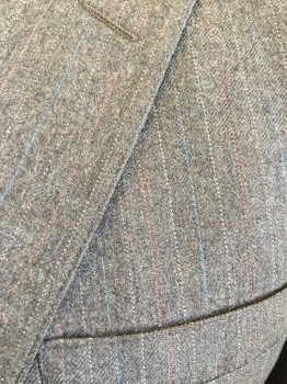 J ALEXANDER, Brown, Blue, Red, Cream, Wool, Heathered, Stripes - Pin, 2 Buttons,  Notched Lapel, 3 Pockets,