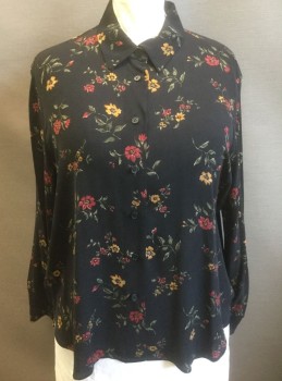 Womens, Blouse, JONES NEW YORK, Black, Dk Red, Sage Green, Mustard Yellow, Silk, Floral, 22W, Chiffon, Long Sleeve Button Front, Collar Attached,