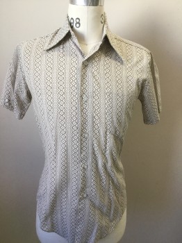 BUD BERMA, White, Beige, Cotton, Stripes, Floral, Peaked Collar, Short Sleeves, Button Front,