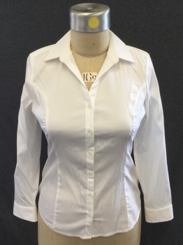 Womens, Blouse, EXPRESS, White, Cotton, Nylon, Solid, L, Button Front, Collar Attached, Long Sleeves, Cuff, Princess Seams
