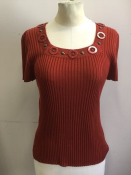 Womens, Top, RQT, Rust Orange, Acrylic, Solid, Petite, M , Ribbed Knit, Short Sleeves, Scoop Neck with Rust Plastic Circles and Metal Stud Detail