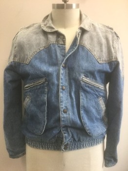 Mens, Jean Jacket, GUESS, Denim Blue, Lt Blue, Cotton, Color Blocking, XL, Denim Jacket, Lighter Faded Denim at Shoulder Yoke and Collar, Snap Closures at Front, Rounded Collar Attached, Western Style Pointed Yoke,
