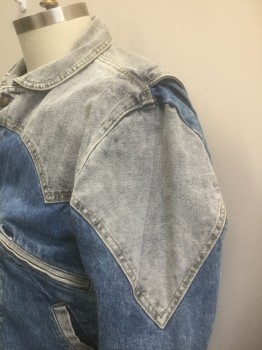 Mens, Jean Jacket, GUESS, Denim Blue, Lt Blue, Cotton, Color Blocking, XL, Denim Jacket, Lighter Faded Denim at Shoulder Yoke and Collar, Snap Closures at Front, Rounded Collar Attached, Western Style Pointed Yoke,
