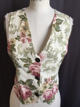 N/L, Cream, Pink, Beige, Olive Green, Polyester, Cotton, Floral, V-Neck, 3 Buttons,  Cream Lace Back with With String Ties At Back Waist