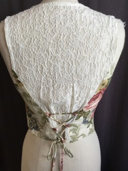 N/L, Cream, Pink, Beige, Olive Green, Polyester, Cotton, Floral, V-Neck, 3 Buttons,  Cream Lace Back with With String Ties At Back Waist