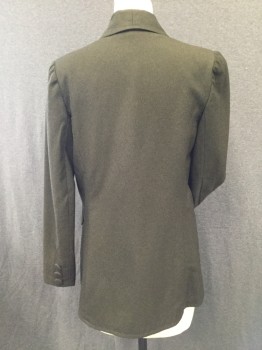 Womens, Blazer, MTO, Olive Green, Wool, Heathered, B36, 3 Covered Button Single Breasted, Shawl Collar, 2 Pockets with Flaps, 3 Covered Buttons on Cuffs Too,