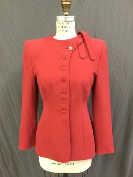 Womens, Blazer, ARMANI, Red, Wool, Silk, Solid, 6, 38, Vintage 40's Look. 7 Button Front Closure. Long Sleeves, Self Side Tie at Crew Neck Left Front, Princess Line Cut