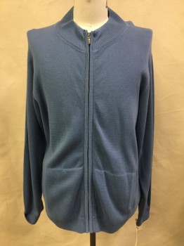 Mens, Cardigan Sweater, L.L.BEAN, Dusty Blue, Cotton, Solid, XL, Zip Front, 2 Pockets, Wide Rib Knit Collar