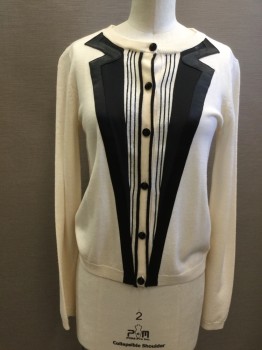 ALICE & OLIVIA, Cream, Black, Wool, Color Blocking, Cream with Faux Tuxedo Satin Front with Black Stripes and Black Buttons, Ribbed Knit Neck/Waistband/Cuff ***white Spot on Black Satin Collar***