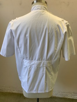Unisex, Dentist Shirt, WORK IN STYLE .COM, White, Poly/Cotton, Solid, 44, Twill, Short Sleeves, Stand Collar, Asymmetric Snap Closure at Side Front, 2 Patch Pockets, Self Waistband at Center Back Waist with Pleats