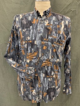 IMILLER, Gray, Cream, Brown, Black, Cotton, Abstract , Button Front, Collar Attached, Button Down Collar, 1 Pocket, Long Sleeves, Button Cuff,