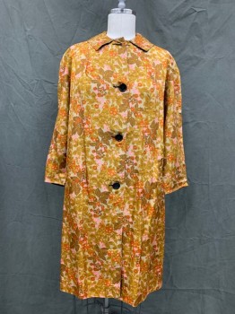Womens, Coat, N/L, Turmeric Yellow, Orange, Pink, Brown, Nylon, Floral, B 38, Light, Button Front, Collar Attached, Raglan Sleeve, 2 Pockets,