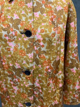 N/L, Turmeric Yellow, Orange, Pink, Brown, Nylon, Floral, Light, Button Front, Collar Attached, Raglan Sleeve, 2 Pockets,