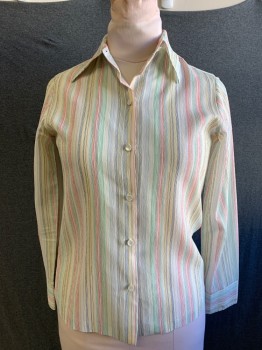 Womens, Shirt, N/L, White, Red, Blue, Yellow, Green, Silk, Stripes, B 38, Crepe Silk, Button Front, Collar Attached, Long Sleeves, Button Cuff