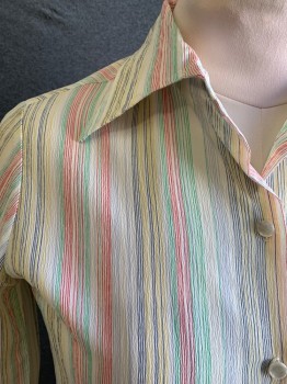 N/L, White, Red, Blue, Yellow, Green, Silk, Stripes, Crepe Silk, Button Front, Collar Attached, Long Sleeves, Button Cuff