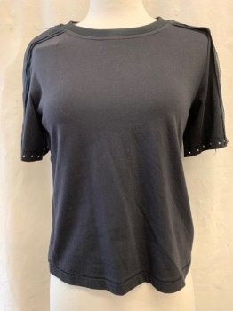 Womens, Top, PHILLIP LIM, Black, Cotton, XS, Crew Neck, Pullover, Short Sleeves, Silk Layered Fabric Trim & Zipper on Shoulder/Sleeves, Small Round Studs Along Cuff