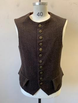 Mens, Historical Fiction Vest, N/L MTO, Brown, Wool, Solid, 40, Thick Scratchy Wool, Gold Embossed Buttons at Front, Round Neck,  2 Faux Pockets with Batwing Flaps, Twill Self Belt Attached Center Back Waist, Made To Order Reproduction