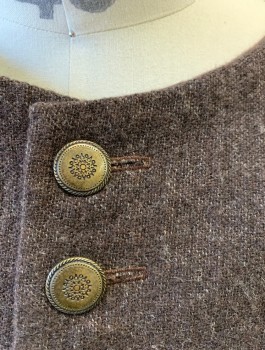 Mens, Historical Fiction Vest, N/L MTO, Brown, Wool, Solid, 40, Thick Scratchy Wool, Gold Embossed Buttons at Front, Round Neck,  2 Faux Pockets with Batwing Flaps, Twill Self Belt Attached Center Back Waist, Made To Order Reproduction