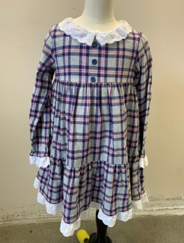 BODEN, Lt Gray, Navy Blue, Magenta Pink, Orange, White, Cotton, Plaid, Plaid Flannel with Solid White Eyelet Peter Pan Collar, Cuffs and Hem with Scallopped Edges, Long Sleeves, Empire Waist, Gathered at Waist, 2 Decorative Buttons at Front