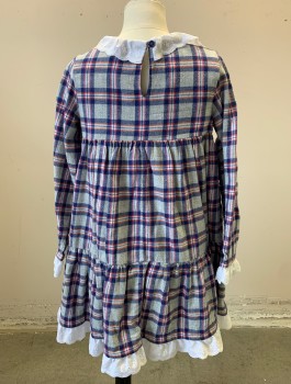 BODEN, Lt Gray, Navy Blue, Magenta Pink, Orange, White, Cotton, Plaid, Plaid Flannel with Solid White Eyelet Peter Pan Collar, Cuffs and Hem with Scallopped Edges, Long Sleeves, Empire Waist, Gathered at Waist, 2 Decorative Buttons at Front
