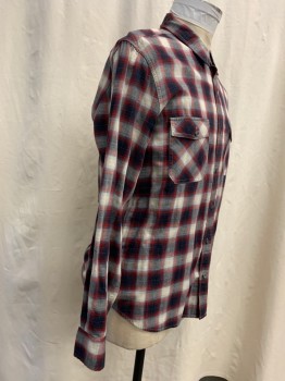 VINCE, Navy Blue, Red, Cream, Yellow, Cotton, Plaid, Collar Attached, Button Front, Long Sleeves, 2 Patch Flap Pockets