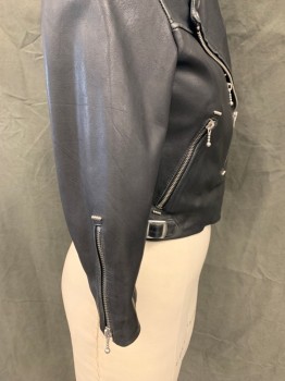 ALL SAINTS, Black, Leather, Solid, Zip Front Collar Attached, 2 Zip Pockets, Epaulets with Beaded Studs, Zip Sleeve Hem