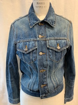 VINCE CAMUTO, Denim Blue, Cotton, Collar Attached, Light Brown Stitching, Single Breasted, Button Front, Raw Cut Look on Hem 7 Cuffs, Long Sleeves
