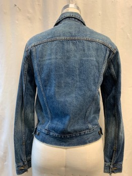 VINCE CAMUTO, Denim Blue, Cotton, Collar Attached, Light Brown Stitching, Single Breasted, Button Front, Raw Cut Look on Hem 7 Cuffs, Long Sleeves
