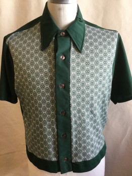 TOWNCRAFT, Forest Green, Ecru, Polyester, Geometric, Abstract , Solid Forrest Green Collar Attached, Placket Button Front, Short Sleeves, and Back, 4 Buttons on Side Hem (2 on Each Side), (MISSING 1 Last Button) Late 1960s- Early 1970s