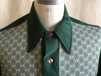 TOWNCRAFT, Forest Green, Ecru, Polyester, Geometric, Abstract , Solid Forrest Green Collar Attached, Placket Button Front, Short Sleeves, and Back, 4 Buttons on Side Hem (2 on Each Side), (MISSING 1 Last Button) Late 1960s- Early 1970s