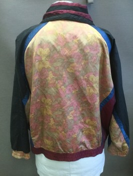 CASUAL ISLE, Black, Cranberry Red, Terracotta Brown, Slate Blue, Mauve Pink, Nylon, Polyester, Color Blocking, Floral, Windbreaker, Zip Front with Triangular Zipper Pull, Black Shoulders, Floral Panel at Center, Cranberry Quilted Shawl Collar/Panel, Blue 1" Flat Trim at Seams/Etc,